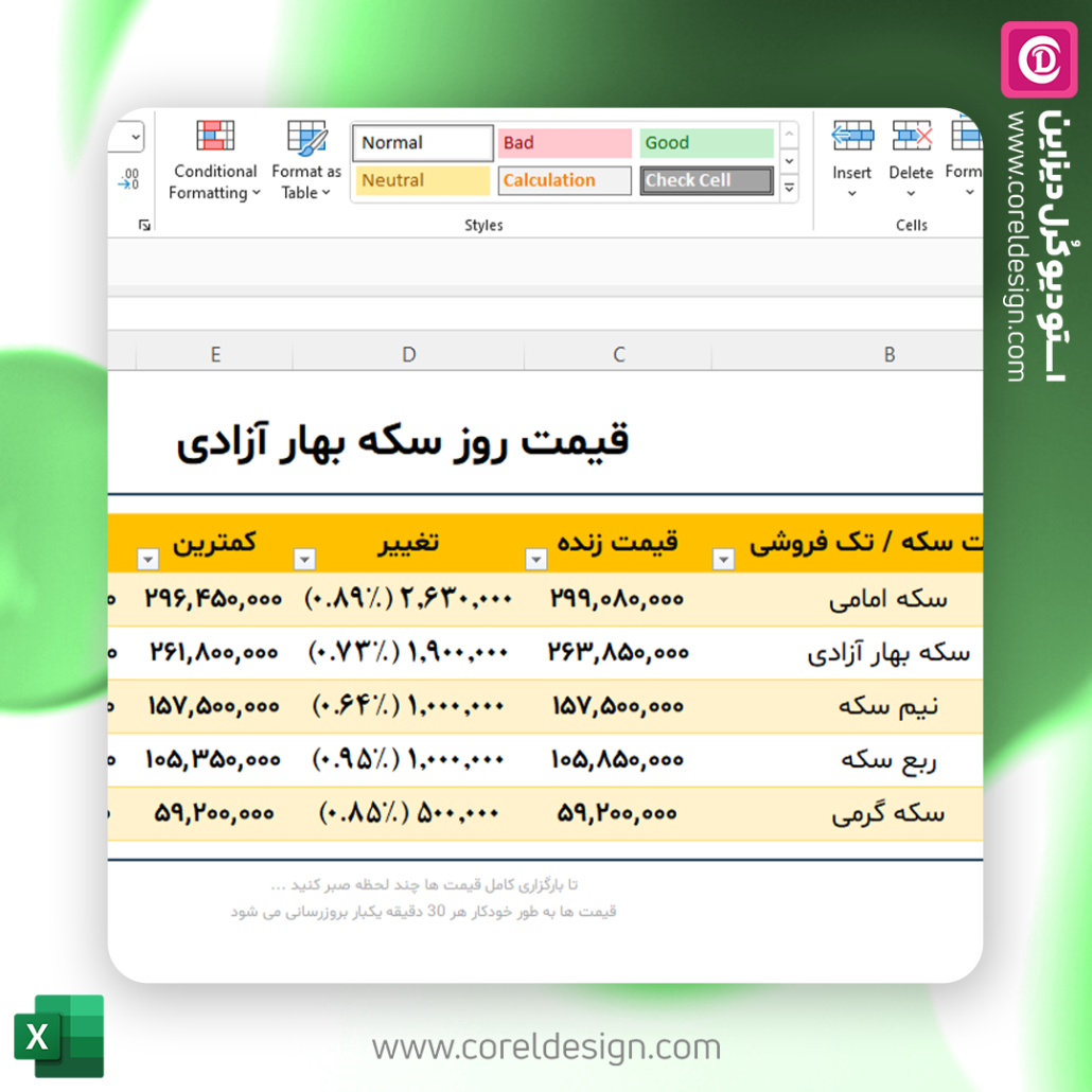 فایل اکسل قیمت لحظه ای سکه بهار آزادی